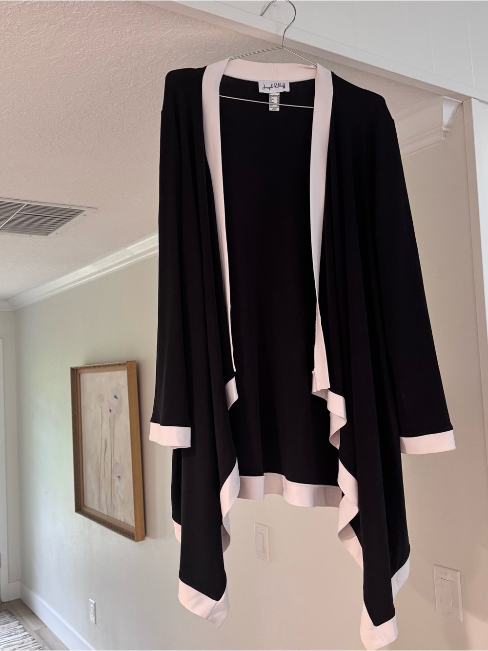 Joseph Ribkoff Black Cardigan with Cream Trim Open-Front Draped Sweater
